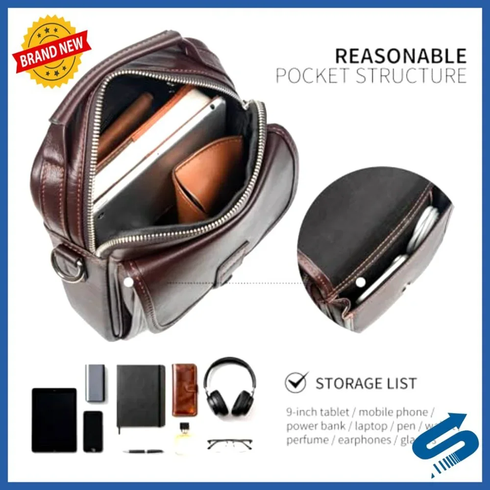 Leather Messenger Bag Crossbody Sling Travel Daypack Magnetic Buckle